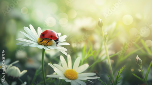 A vibrant ladybug basks in the warm sun on a delicate oxeye daisy, surrounded by a sea of golden pollen and lush green grass, showcasing the beauty of nature in its smallest form