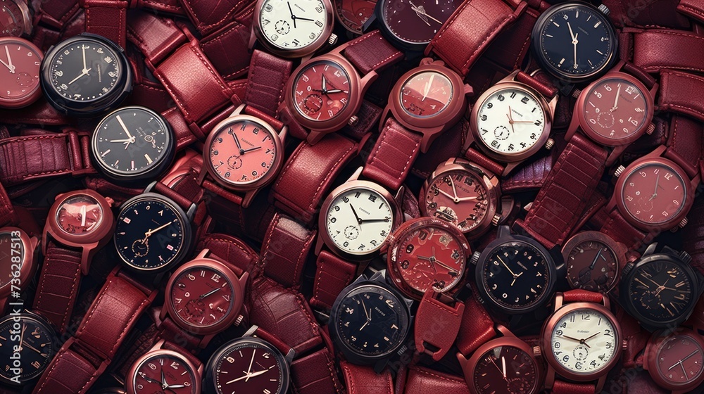 The background of many watches is in Burgundy color. The background of many watches is in Burgundy color.