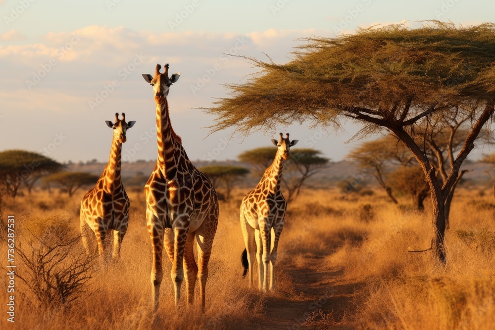 Obraz premium Giraffes grazing among acacia trees in the Savanna.AI generated