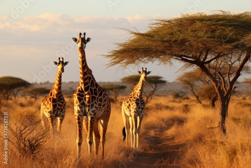 Giraffes grazing among acacia trees in the Savanna.AI generated