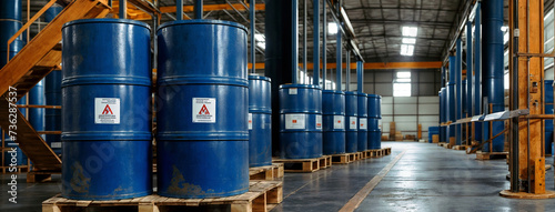 200 liter blue drums containing liquid chemical on wooden pallets in a warehouse, ready for customer dispatch. Concept of chemical manufacturing and industrial logistics photo