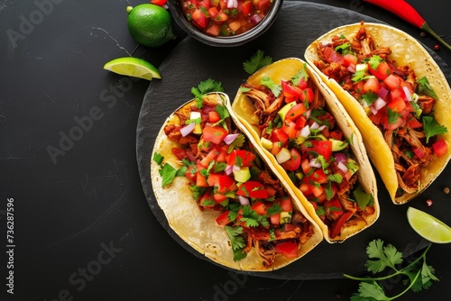 Top view of Mexican pork tacos with vegetables and salsa served on a black stone slate plate against a black background