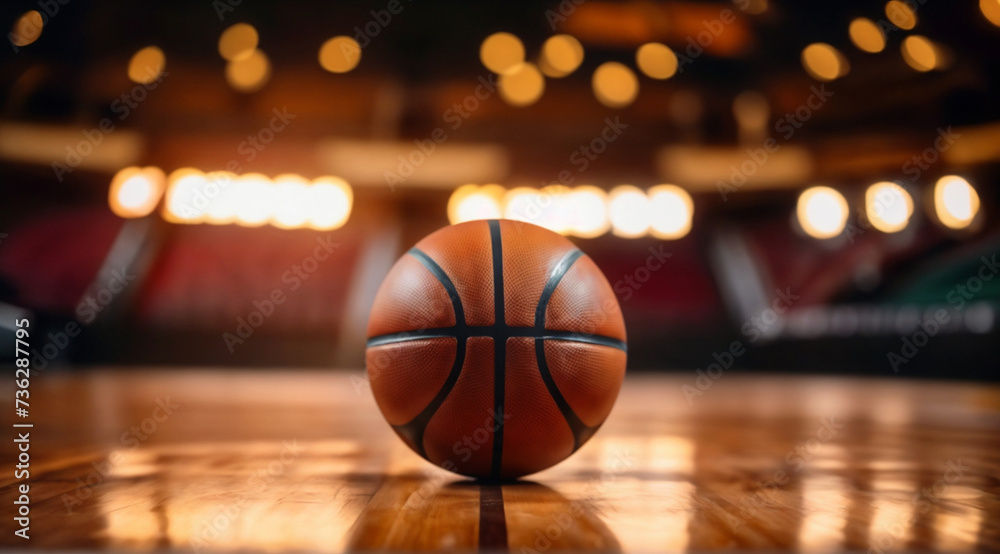 A basketball sits on the court in a dark arena with a bokeh effect A basketball sits on the court in a dark arena with a bokeh effect