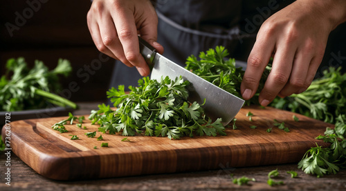 A person or chef is cutting fresh parsley on a wooden cutting board with a chef's knife