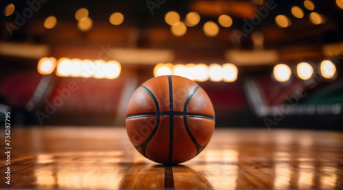 A basketball sits on the court in a dark arena with a bokeh effect © nasir1164