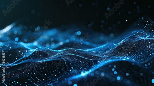 Abstract futuristic illustration in the field of information technology. A low-poly shape with connecting blue dots and lines on a dark background. Visualization of big data