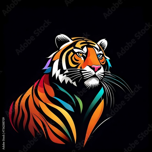 A vibrant and sleek flat vector logo featuring a singlefaced tiger in colorful tones  isolated on a solid black background. Captured with precision by an HD camera.  Upscaling by
