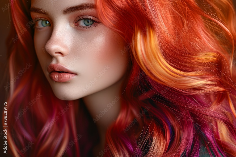 Stylish model with vibrant dyed hair and perfect waves sporting a healthy red hairstyle