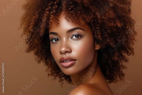 Portrait of a confident black woman with curly hair showcasing beauty and skincare products set against a brown studio backdrop