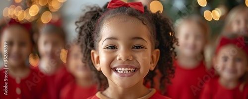 Diverse children joyfully celebrating the holiday season together. Concept Holiday Traditions, Multicultural Celebrations, Festive Group Photos, Unity and Joy, Children's Holiday Party