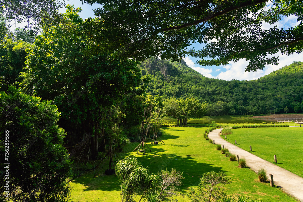 Pathway passes through lush grassy fields amidst a beautiful tranquil nature with the mountains in background. Beautiful view of nature with green grass, lush trees, mountain and sky. Green Landscape. Pathway passes through lush grassy fields amidst a beautiful tranquil nature with the mountains in background. Beautiful view of nature with green grass, lush trees, mountain and sky. Green Landscape.