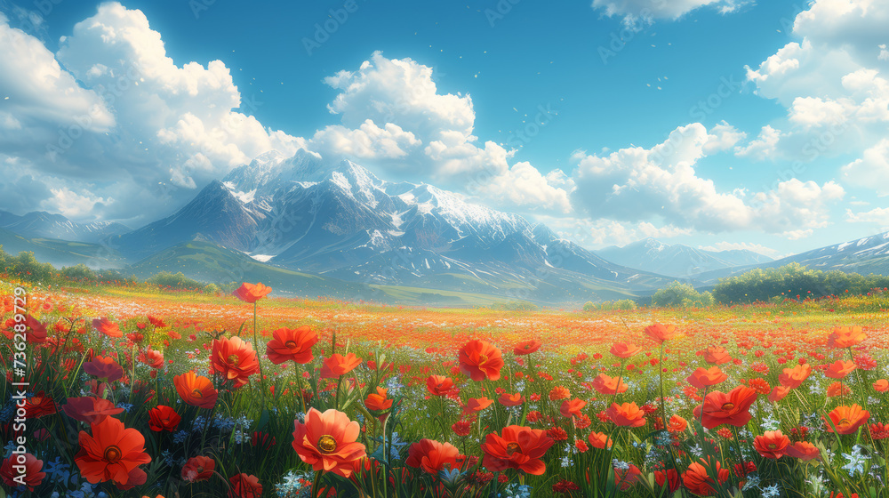 A serene landscape of rolling green grass and vibrant red poppies, with majestic mountains peeking through the fluffy white clouds in the sky