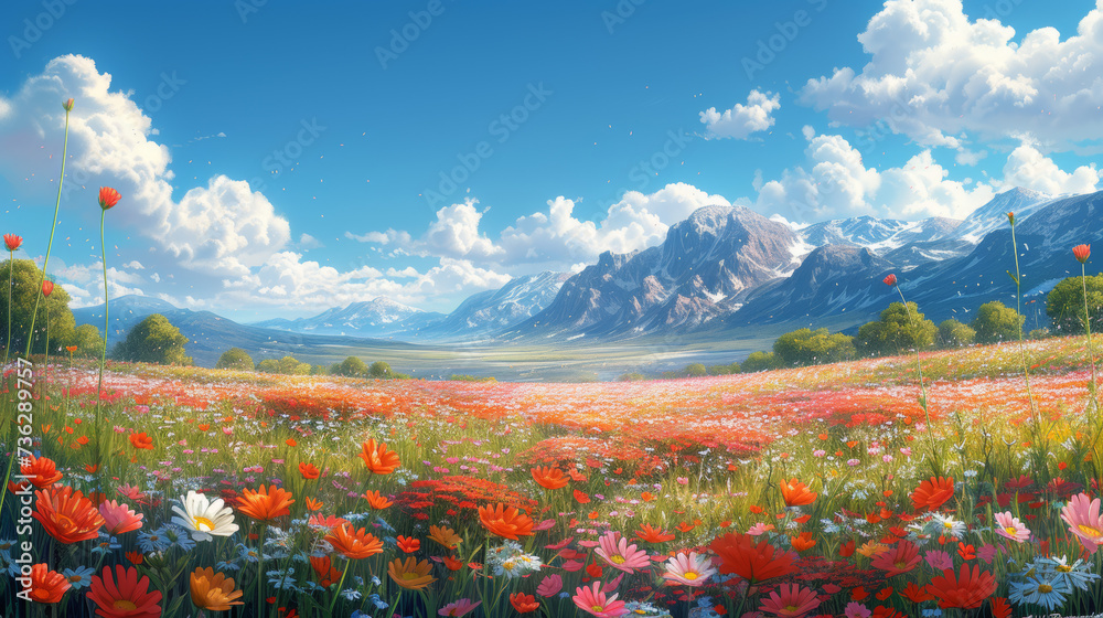 An idyllic landscape painting captures the beauty of a vibrant field of poppies, nestled beneath majestic mountains under a dreamy sky