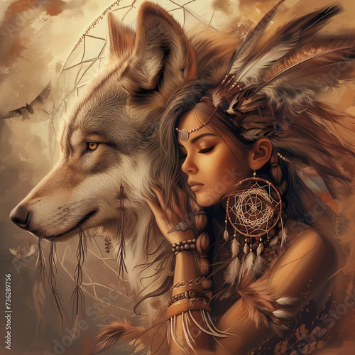 Portrait of a beautiful ethnic girl with wolf