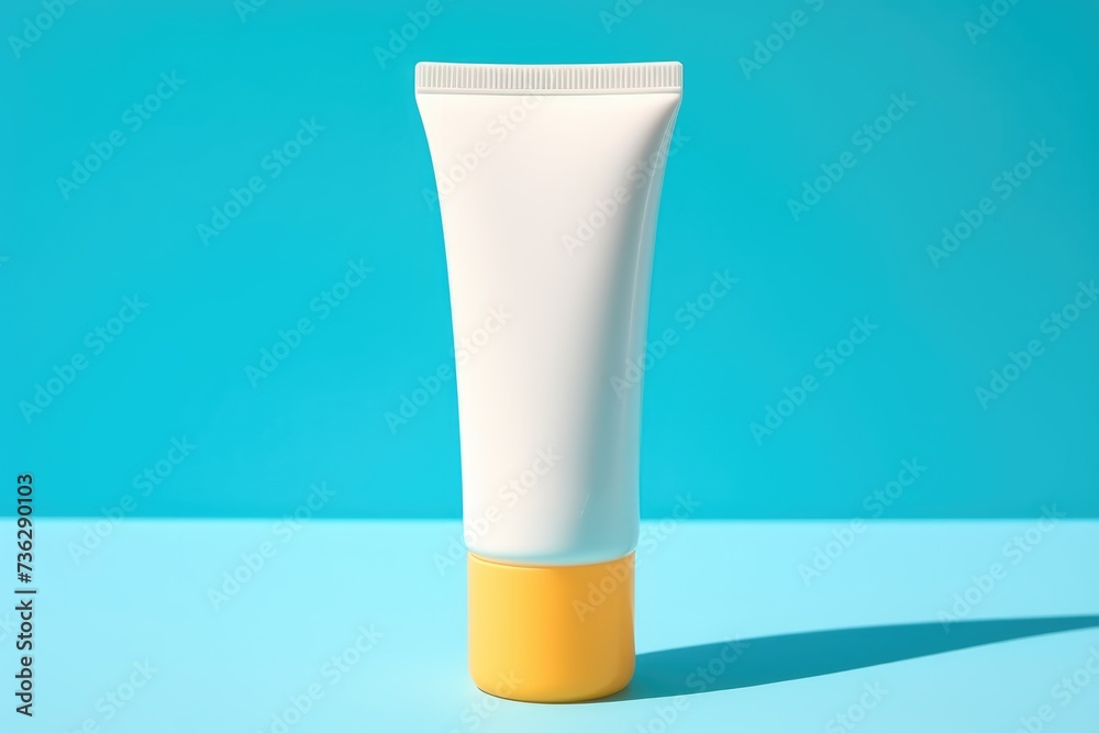 Sleek sunscreen tube mockup with a vibrant yellow cap on a serene turquoise background, highlighting essential sun protection Sleek sunscreen tube mockup with a vibrant yellow cap on a serene turquoise background, highlighting essential sun protection