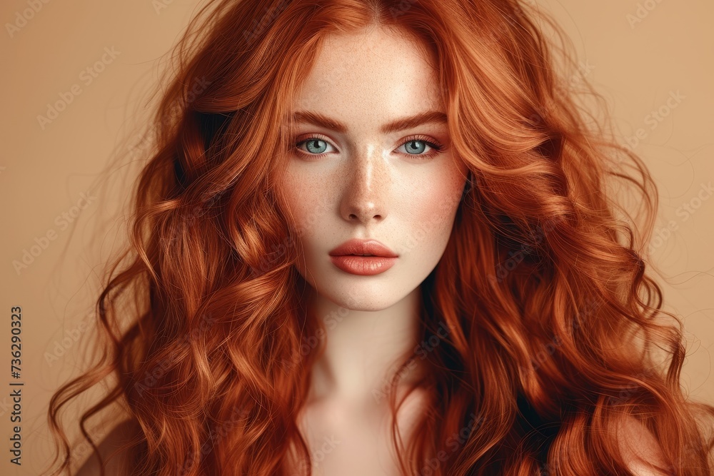 Stunning model with fiery red and curly hair