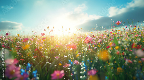 Amidst the golden rays of summer, a vibrant field of cosmos flowers dances beneath the open sky, a breathtaking display of nature's beauty photo