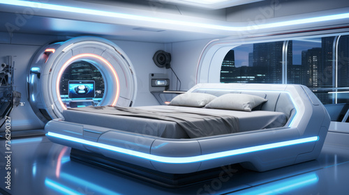 Futuristic Bedroom in high-tech style mainly in light blue color with large lines for lighting and a wide view on an evening big city