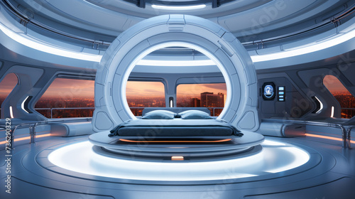 Futuristic large Bedroom mainly in light blue color with large rings for lighting and a wide view on a big city