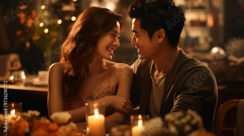 Happy and Smiling Couple of Asian people who have dinner with few candles and low lightning for a romantic mood with a blurry background