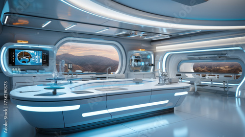 Futuristic large Kitchen in high-tech style mainly in light blue color with some rings for white lighting and large windows on mountains