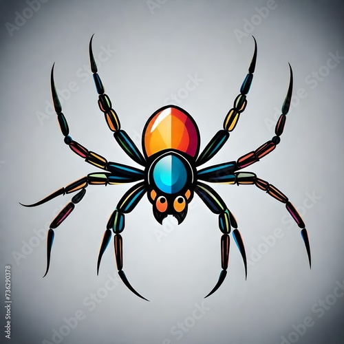 A sleek, minimalistic flat vector logo of a singlefaced, colorful spider, isolated on a light black solid background. Captured by an HD camera for realistic details. 