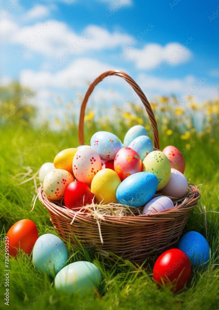 Close-up of a basket with many colored with dots Easter Eggs put in the grass with a sunny day and a blurry background Close-up of a basket with many colored with dots Easter Eggs put in the grass with a sunny day and a blurry background