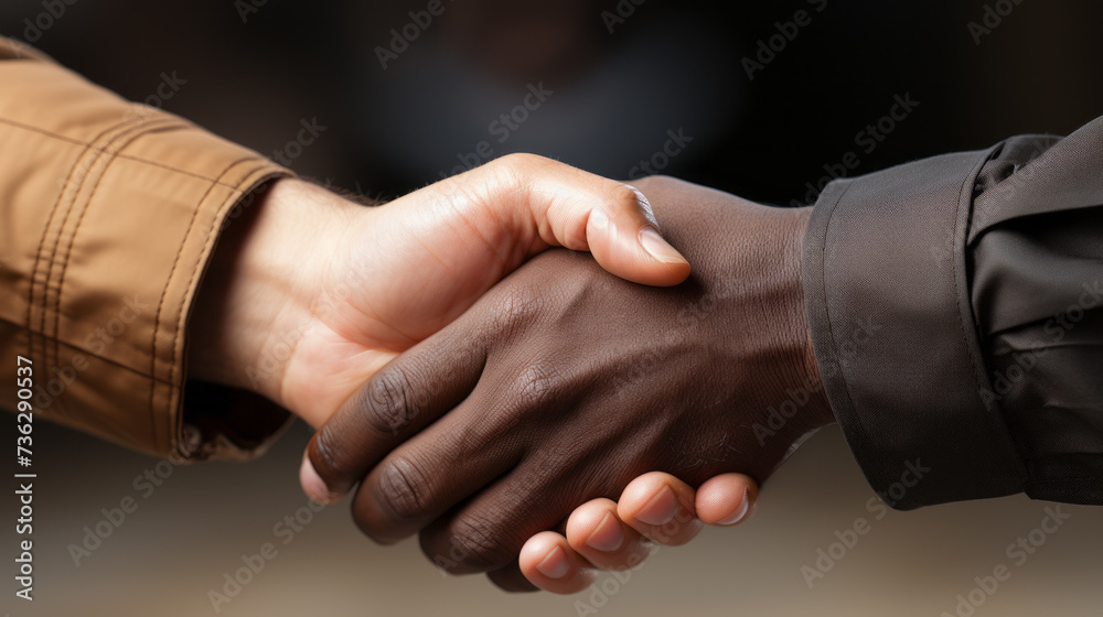Close-up of a Handshake between a black hand with grey sleeve and a white hand with beige sleeve on a dark blurry background