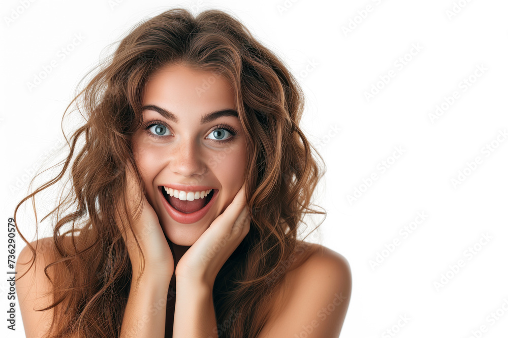 Excited young woman on white background