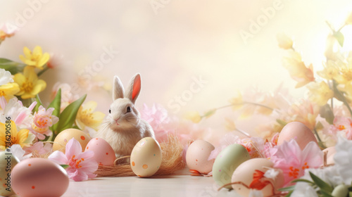 Cute light brown rabbit sitting on the front left of some pastel colored Easter Eggs with blurry flowers in background photo