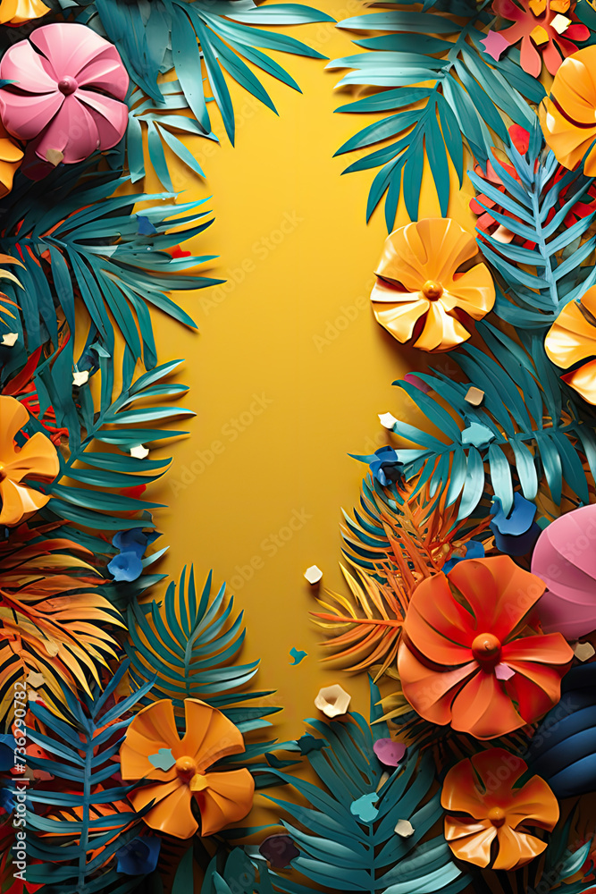 colorful tropical background with tropical leaves and confetti colorful tropical background with tropical leaves and confetti