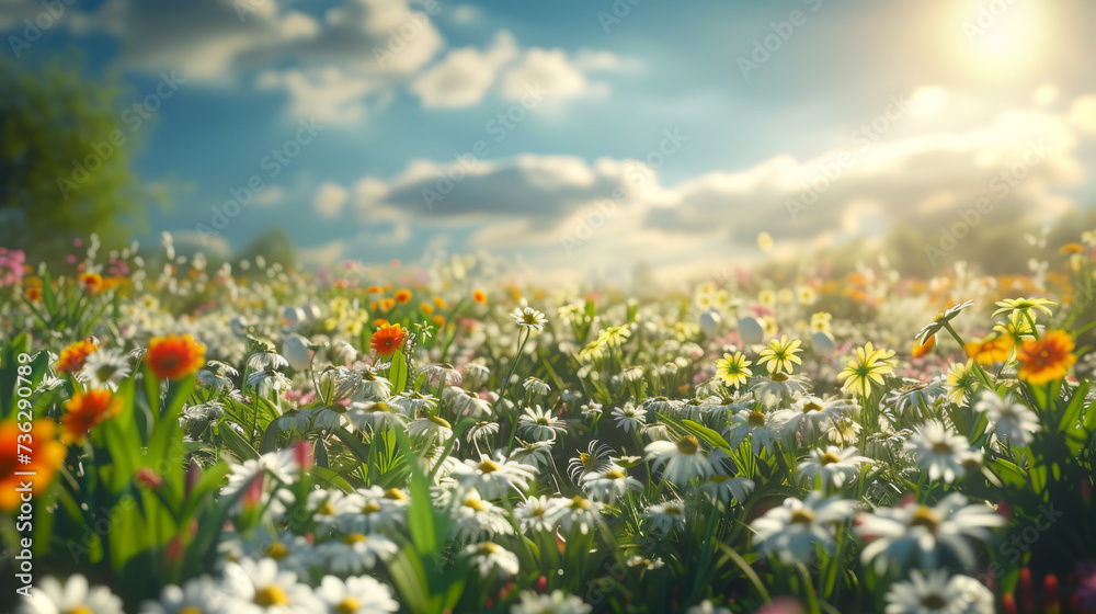 Amidst a vibrant landscape of grass and herbs, the sun's rays illuminate a field of delicate flowers, while fluffy clouds float lazily in the sky