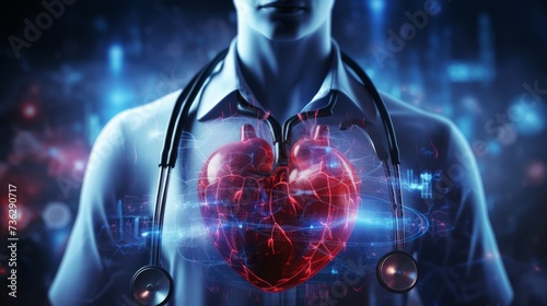 Artificial intelligence AI in Healthcare. Integration of AI in diagnostics and personalised medicine. Digital stethoscope with AI circuitry and data lines, set against a backdrop of heart rhythm ECG photo