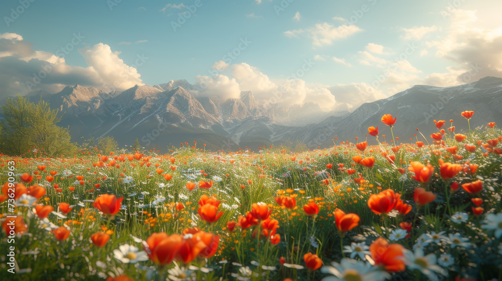 Amidst the lush green grass and vibrant red poppies, majestic mountains stand tall under a clear blue sky, inviting one to embrace the beauty of nature in spring