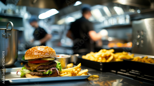Cheeseburger in the kitchen window ready to be served to a customer