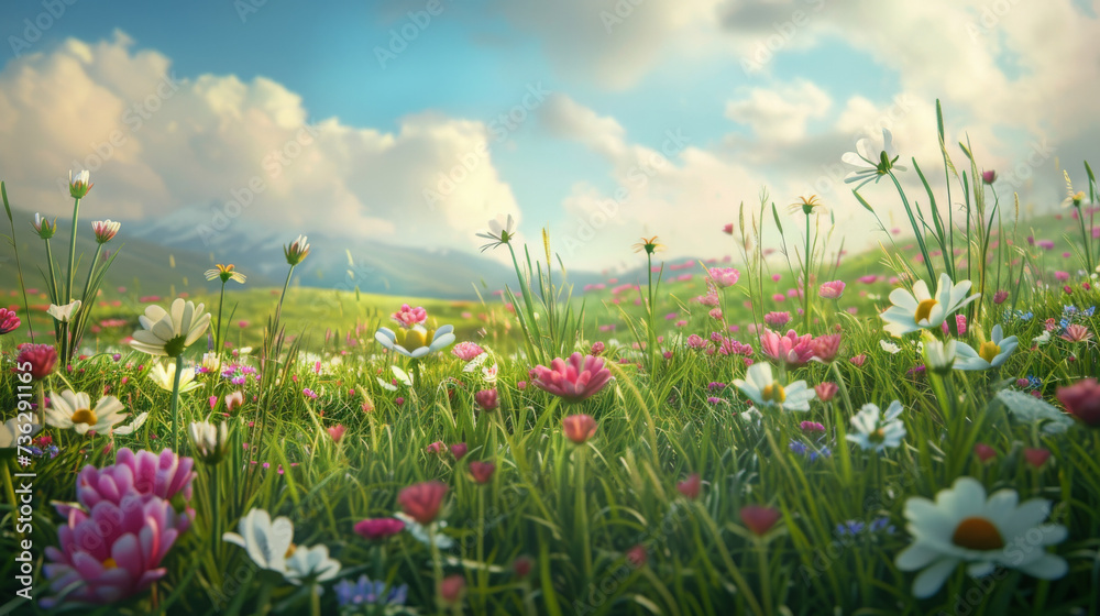 A breathtaking landscape of vibrant wildflowers and lush grasses stretches under the clear blue sky, evoking feelings of serenity and the beauty of nature in full bloom