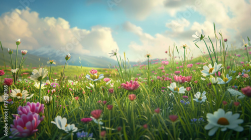 A breathtaking landscape of vibrant wildflowers and lush grasses stretches under the clear blue sky  evoking feelings of serenity and the beauty of nature in full bloom