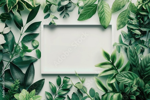 White background with a frame in the middle surrounded by branches of green plants, mockup. Fond blanc avec un cadre au milieu entouré de branches de plantes vertes, mock-up.