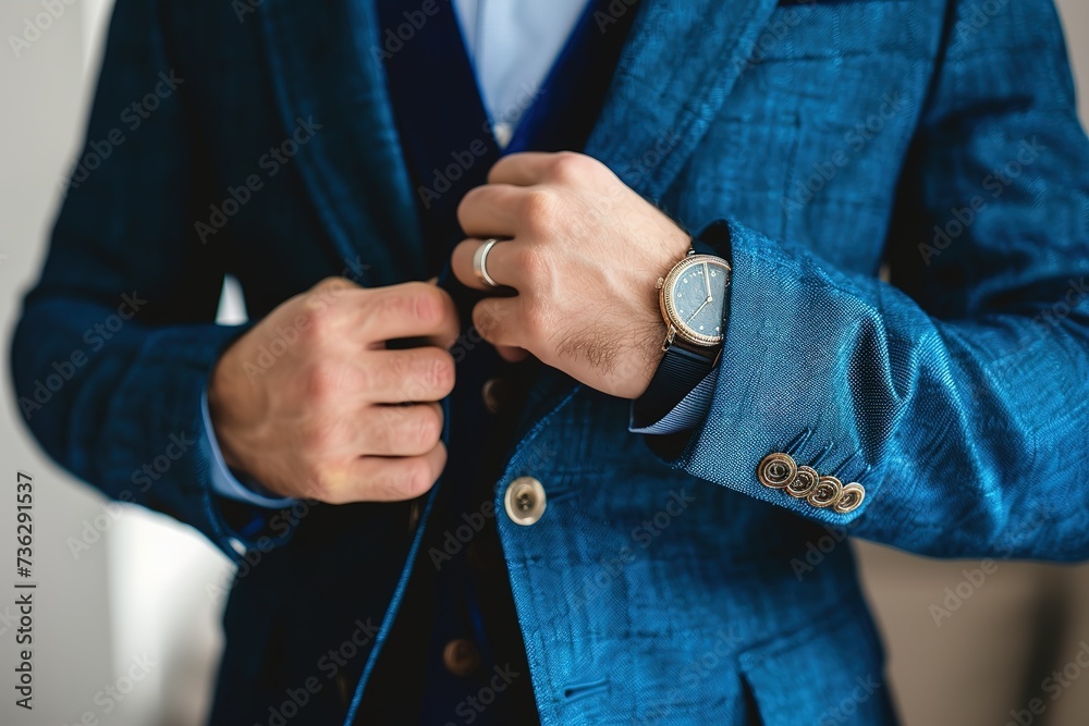 a man dressed in a blue jacket, a close-up of a man in a blue suit adjusting his tie