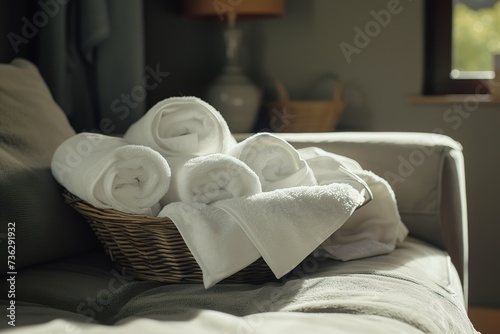 white towels and are sitting in a basket on couch, towels are folded in a basket on a bed in a bedroom