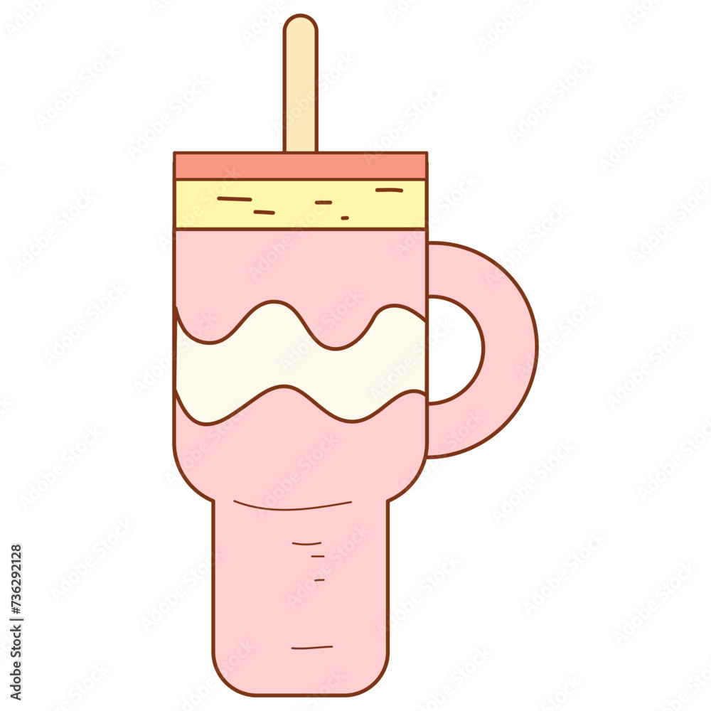 Obraz premium Reusable mugs, tumbler. Vector travel cups for coffee or tea hot drinks, water bottles or thermal flasks, isolated thermos mugs for takeaway beverages, Steaming Hot Beverage in Cup on Saucer