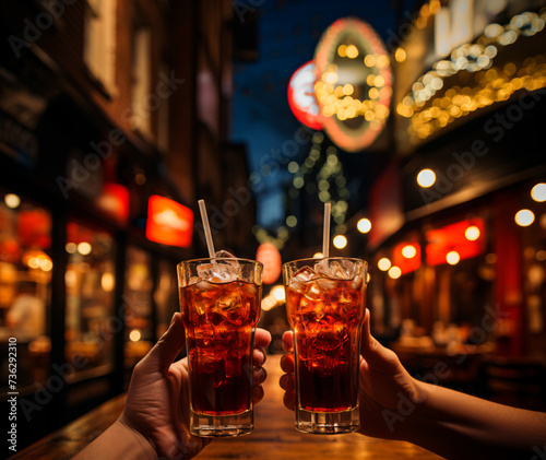 close up of two hands holding glasses of cola beverage in the street, making a toast at night 
