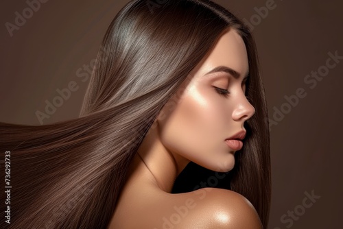 Stunning woman with sleek straight hair Keratin treatments spa care for beautiful smooth hairstyle photo