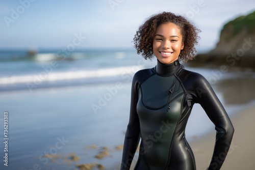Portrait of a beautiful young woman wearing wetsuit on the beach © Danko