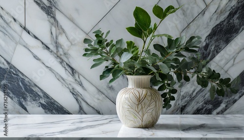 a stylish vase and lush green plants arranged on a pristine white marble table, set against a seamless white marble backdrop, with ample copy space for apartment or kitchen interior, vase with flowers