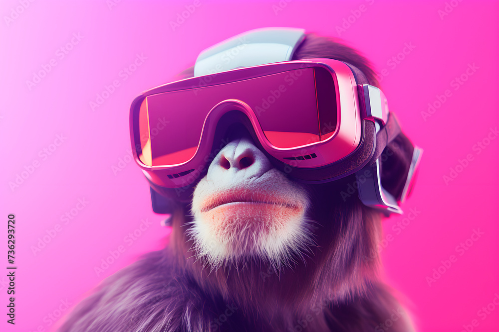 Futuristic portrait of monkey in virtual reality glasses. AI generated