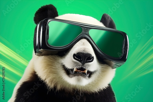 Happy panda in virtual reality glasses on a green background. Creative portrait. AI generated © svitlini