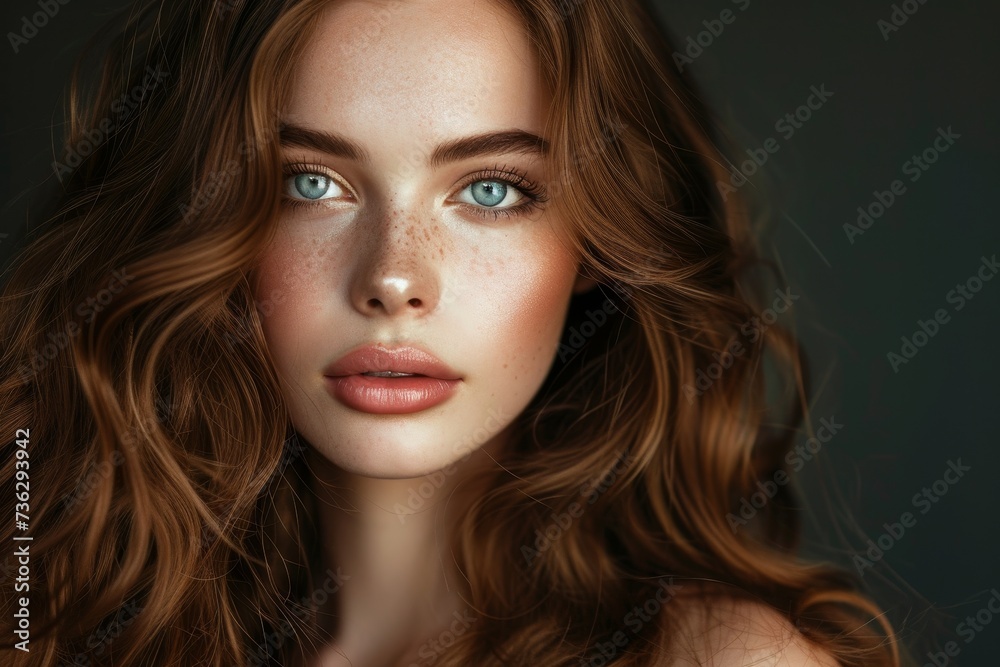 Studio photo of a stunning brunette with flawless makeup curls and an enchanting face Studio photo of a stunning brunette with flawless makeup curls and an enchanting face
