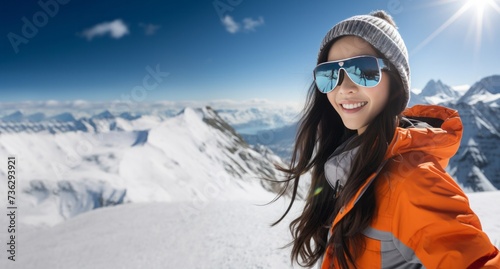 Beautiful Asian young woman practice snowboarding on snow mountain at ski resort, fun outdoor active lifestyle travel nature on holiday vacation photo
