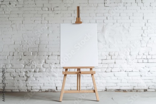 Wooden easel and blank canvas indoors by a white brick wall